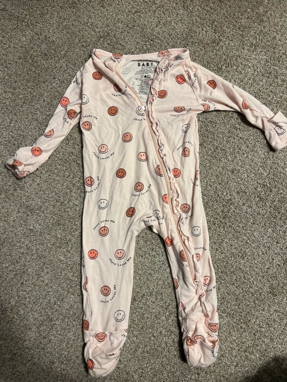 Baby Pink Smiley Face Jesus Loves Me Footed One-Piece